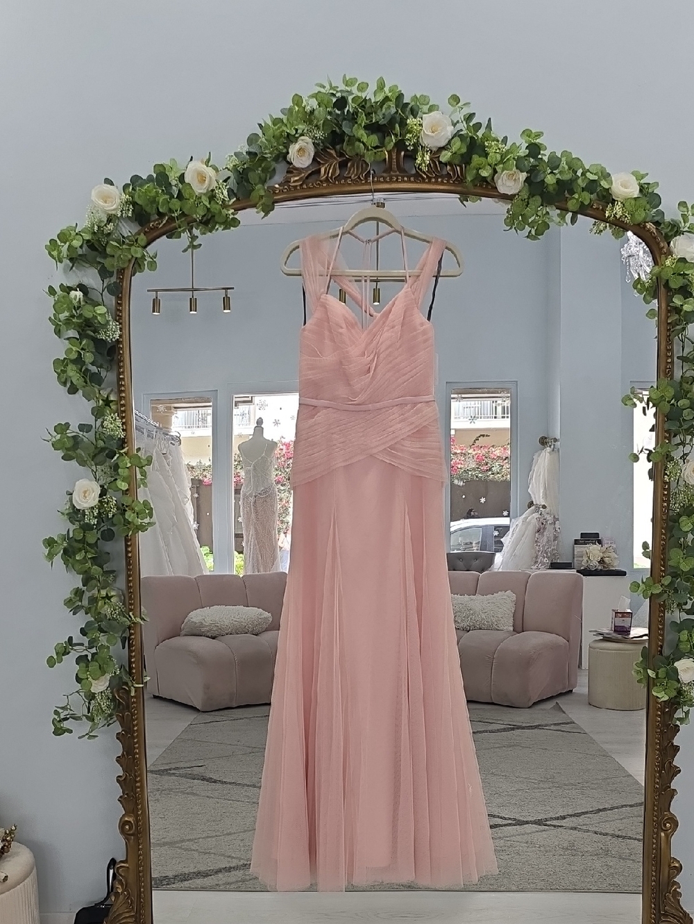 Vera Wang Soft Blush Pink V-Neck Tulle Maxi Dress